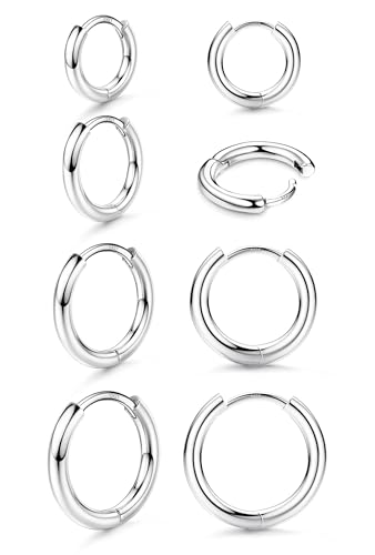 MILACOLATO 925 Sterling Silber Ohrringe Hoops Ohrringe für Frauen 18K Weißgold vergoldet Huggie Hoops Hochglanzpolierte Hoop Ohrringe Hypoallergene Hoop Ohrring für Frauen Mädchen Silber 4Paar von Milacolato