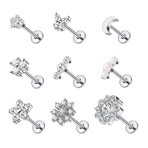 MILACOLATO 9Stück 16G Tragus Ohrringe für Damen Edelstahl Labret Ohrstecker Monroe Lippenring CZ Opal Nasenstecker Innengewinde Helix Ohrstecker Medusa Knorpel Piercing Schmuck von Milacolato