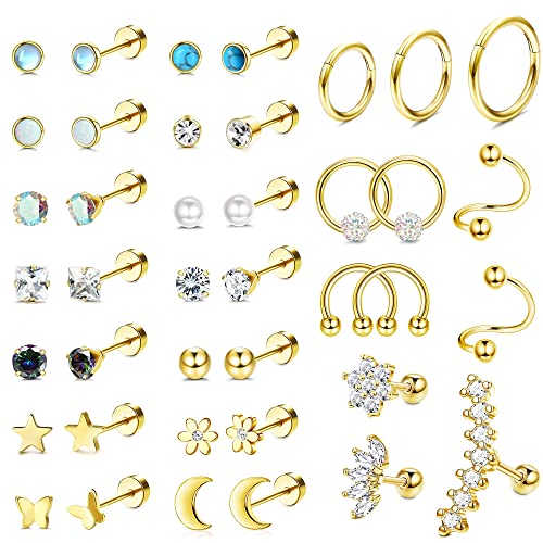 MILACOLATO Chirurgenstahl Ohrknorpel Ohrstecker Ohrringe Set für Damen Herren Kleine CZ Opal Flat Back Ohrstecker Creolen 20G Septum Helix Conch Daith Tragus Ohr Piercing Schmuck 40Gold von Milacolato