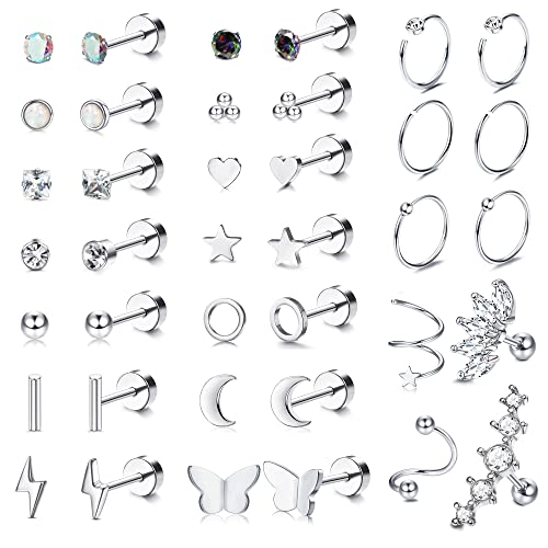 MILACOLATO Chirurgenstahl Ohrknorpel Ohrstecker Ohrringe Set für Damen Herren Kleine CZ Opal Flat Back Ohrstecker Creolen 20G Septum Helix Conch Daith Tragus Ohr Piercing Schmuck 38Silber von Milacolato