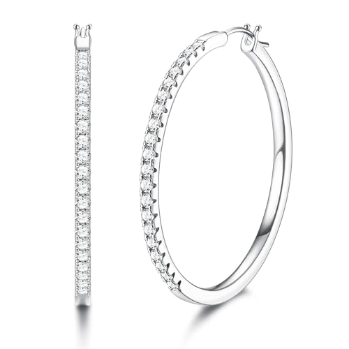 MILACOLATO Creolen Silber Damen 925 Cubic Zirkonia Creolen 18 Karat Weißvergoldete Huggie-Creolen Hochglanzpolierte Creolen Hypoallergener Creolen Für Frauen Mädchen 40mm von Milacolato