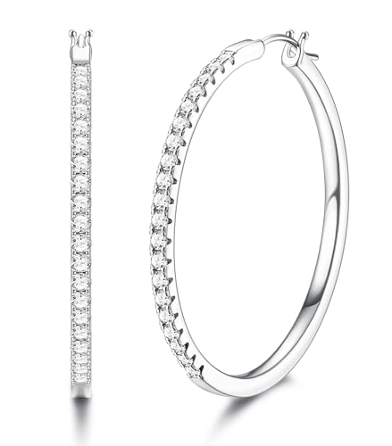 MILACOLATO Creolen Silber Damen 925 Cubic Zirkonia Creolen 18 Karat Weißvergoldete Huggie-Creolen Hochglanzpolierte Creolen Hypoallergener Creolen Für Frauen Mädchen 50mm von Milacolato