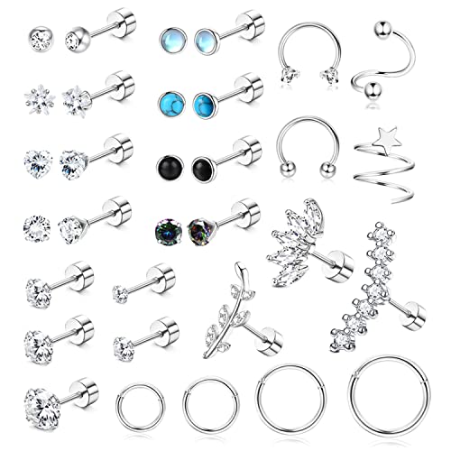 MILACOLATO Edelstahl Knorpel Ohrringe Set für Damen Herren 18G Kleine CZ Opal Stern Flache Rückseite Tragus Ohrstecker 16G Septum Ring Creolen Silber Helix Daith Nase Ohr Piercing Schmuck 32St von Milacolato