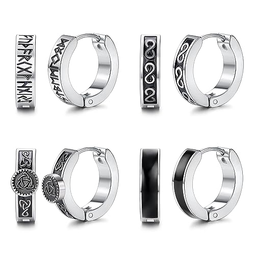 MILACOLATO 4 Paar Ohrringe Herren Frauen Wikinger Creolen Edelstahl Scharnier Clicker Ohrringe Kleine Nordische Schwarze für Männer Schmuck 12mm von Milacolato