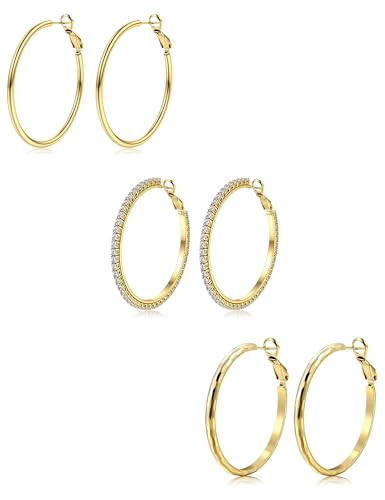 MILACOLATO Elegante 3 Paar Creolen für Damen – 18K Vergoldet Zirkonia Leicht & Hypoallergen 925 Silber Nadeln in Gold für Langanhaltenden Glanz von Milacolato