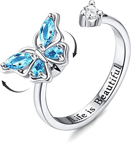 MILACOLATO 925 Sterling Silber Fidget Anxiety Ring für Frauen Damen Mädchen Offen Verstellbar Sonnenblumenring Zirkonia Blume Schmetterling Mond Stern Rose Spinner Ringe Schmuck Schmetterling von Milacolato