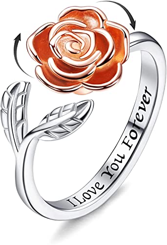 MILACOLATO 925 Sterling Silber Fidget Anxiety Ring für Frauen Damen Mädchen Offen Verstellbar Sonnenblumenring Zirkonia Blume Schmetterling Mond Stern Rose Spinner Ringe Schmuck Rose von Milacolato