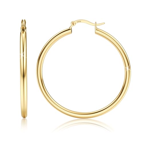 MILACOLATO Gold Chunky Ohrringe für Damen, 925 Silber Hypoallergener Ohrpfosten, 14 Karat Vergoldete Große Hohle Rohr Creolen Ohrringe, 4mm Dicke Gold Große Creolen Frauen Schmuck 60S von Milacolato