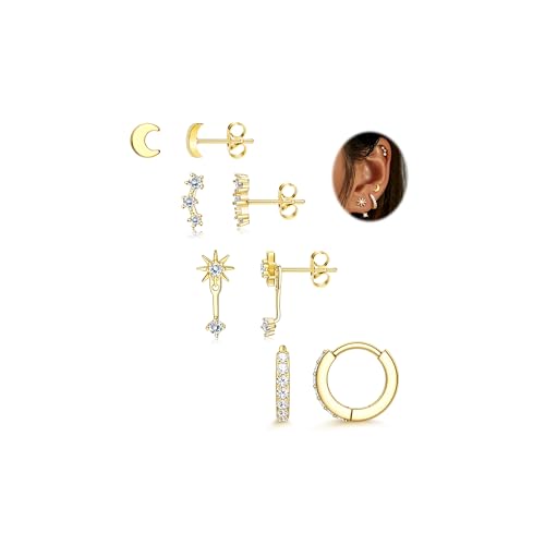 MILACOLATO 3-5 Paare Gold/Silber Creolen Set 14 Karat Vergoldet Goldene Ohrringe Damen Kleine Ohrstecker Silber Stapelbar Zirkonia Ohrstecker Creolen Ohrringe Set für Mehrere Piercings von Milacolato