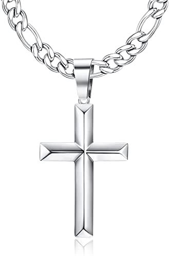 Milacolato Kreuz Halskette Damen Herren, 925 Sterling Silber Abgeschrägten Anhänger Kreuz Ketten Pendant Mit Edelstahl Diamant Schnitt Zarte Hochglanz Polierte Figaro Chain Necklace Men Women 51-66cm von Milacolato