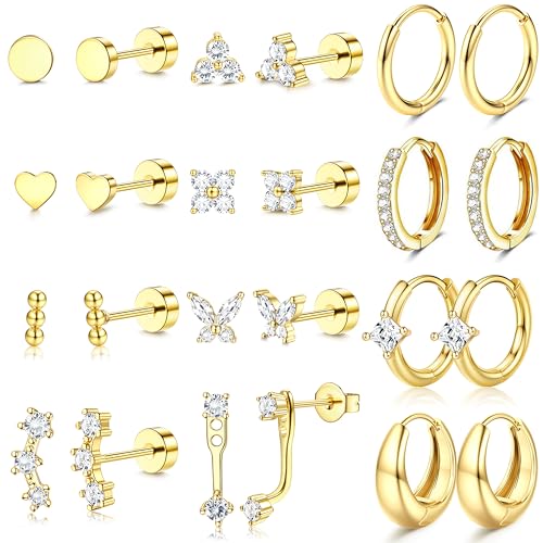 MILACOLATO 12 Paar Ohrringe Gold Silber Hypoallergene Chirurgenstahl Medizinische Ohrstecker und Klein Creolen Ohrloch Stecher Set 14K Vergoldet Helix Tragus Piercing Ohr Damen Mädchen Gold H von Milacolato
