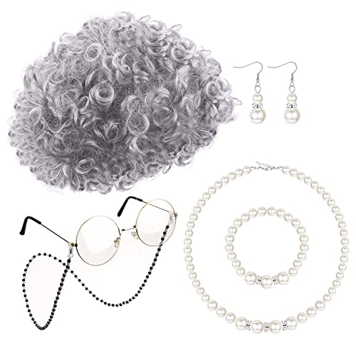 MILACOLATO Old Lady Costume Set Old Lady Wig Grandma Wig White Grey Black Granny Wig Cap Bead Chain Cords Artificial Pearl Necklace Bracelet Earrings Adult Fancy Dress Accessories Fits All, 7 Pierce von Milacolato