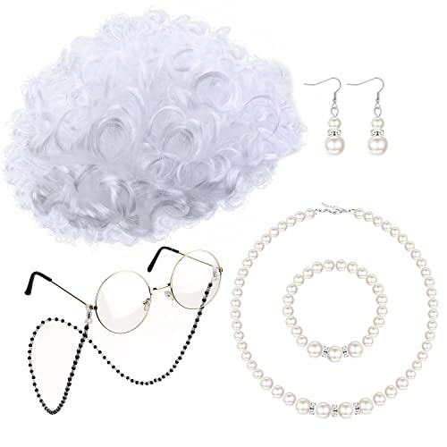 MILACOLATO Old Lady Costume Set Old Lady Wig Grandma Wig White Grey Black Granny Wig Cap Bead Chain Cords Artificial Pearl Necklace Bracelet Earrings Adult Fancy Dress Accessories Fits All, 7 Pierce von Milacolato