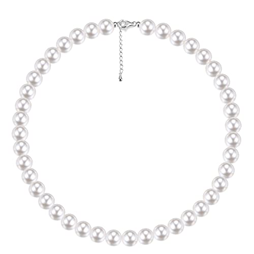 Milacolato Perlenkette Sterling Silber Für Damen Herren Rund Weiße Simulierte Muschel Perlenkette Choker Halskette Perlenschmuck für Mädchen Jungen 41cm12mm von Milacolato