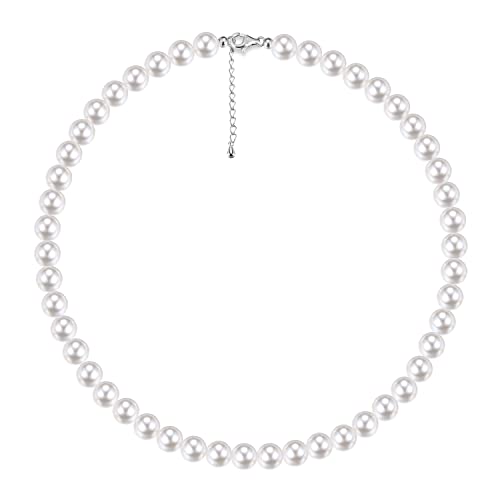 Milacolato Perlenkette Sterling Silber Für Damen Herren Rund Weiße Simulierte Muschel Perlenkette Choker Halskette Perlenschmuck für Mädchen Jungen 41cm8mm von Milacolato