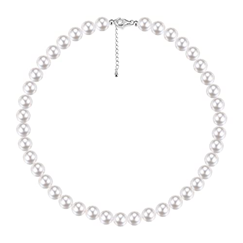 Milacolato Perlenkette Sterling Silber Für Damen Herren Rund Weiße Simulierte Muschel Perlenkette Choker Halskette Perlenschmuck für Mädchen Jungen 41cm10mm von Milacolato