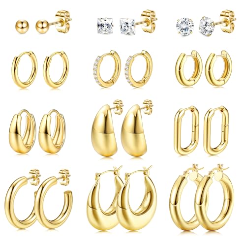 MILACOLATO 12 Paar 14K Vergoldete Ohrstecker Set | Hypoallergene Huggie Ohrringe Ohrstecker für Damen und Mädchen mit Zirkonia | Nickelfreie Chirurgenstahl Ohrringe für Mehrere Ohrlöcher von Milacolato