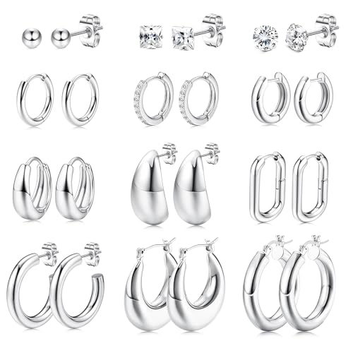 MILACOLATO 12 Paar Silber Plated Ohrstecker Set | Hypoallergene Huggie Ohrringe Ohrstecker für Damen und Mädchen mit Zirkonia | Nickelfreie Chirurgenstahl Ohrringe für Mehrere Ohrlöcher von Milacolato