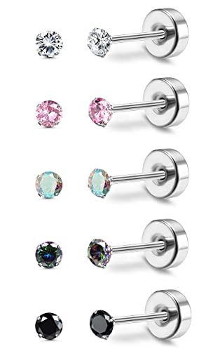 MILACOLATO Titan Ohrringe für Damen Herren 5Pairs G23 Titan Ohrstecker für Empfindliche Ohr Piercing Rainbow 5A Cubic Zirkonia Ohrstecker Hypoallergen 20G Flat Back Ohrpiercing Ohrstecker Set von Milacolato