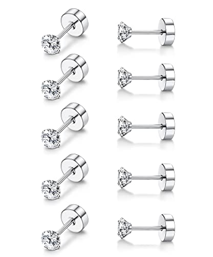 MILACOLATO Titan Ohrringe für Damen Mädchen 5Pairs G23 Titan Ohrstecker für Empfindliche Ohr Piercing Simulierte Diamant Ohrstecker Hypoallergen 20G Flat Back ohrpiercing Titan Knorpel Ohrstecker Set von Milacolato