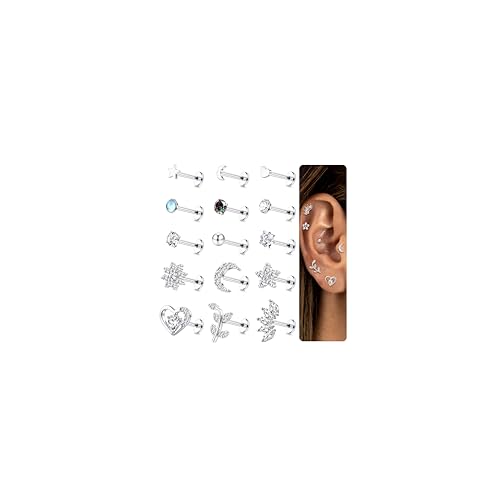 Milacolato 16G Piercing Ohr Ohrstecker Für Damen Edelstahl Opal Stern Perle Flache Rückseite Tragus Ohrringe Klein Silber, CZ Blume Piercing Labret Lippensteg Lappen Nase Ohrpiercing Schmuck 15Stück von Milacolato