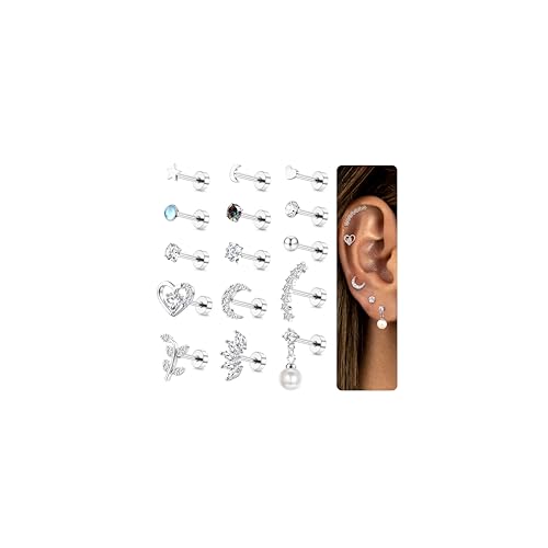 MILACOLATO 16G Piercing Ohr Ohrstecker Für Damen Edelstahl Opal Stern Perle Flache Rückseite Tragus Ohrringe Klein Silber, CZ Blume Piercing Labret Lippensteg Lappen Nase Ohrpiercing Schmuck 15Stück von Milacolato