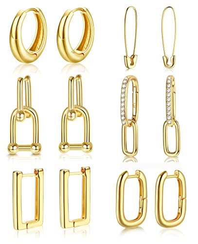 MILACOLATO Ohrringe Damen 6Paris Gold Huggie Creolen 14 Karat vergoldete Gliederohrringe Büroklammer Gliederkettenohrringe U-Form Pin Creolen Drop Dangle Ohrringe Set Für Frauen von Milacolato