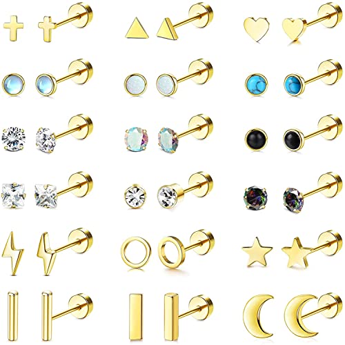 MILACOLATO 18 Paar Helix Piercings Ohr Knorpel Ohrringe Für Damen Edelstahl Ohrstecker Helix Tragus Of Mond Star Heart Disc CZ Geometrische Edelstahl Ohrringe Damen Piercing Schmuck Gold von Milacolato