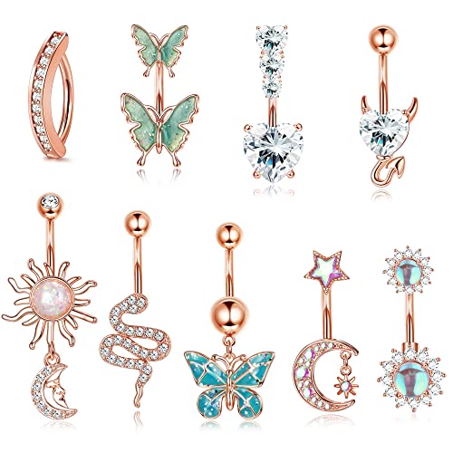 Milacolato 10Pcs 14G Bauchnabelstangen Für Frauen Edelstahl Bauchstange Herz Schlange Schmetterling CZ Dangly Bauchnabel Bars Langhanteln Bauchnabel Piercing Schmuck RosaGold von Milacolato