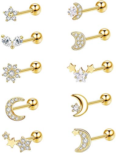 MILACOLATO 10Pcs Piercing Ohrringe Set Edelstahl Damen Mini Piercing Knorpel OPiercing Helix Tragus kleine Mond und Stern CZ Herz Blume Chirurgenstahl Stahl Piercing Für Frauen Gold von Milacolato