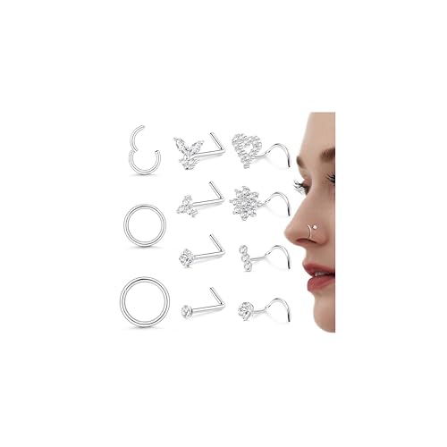 Milacolato 10Stück Nasenpiercing Silber Chirurgenstahl 18G Nasenpiercing Stecker 6/8/10MM Nasenpiercing Ring CZ L Form Nasenstecker und Nostril Piercing Ring Set, Nasenpiercing Schmuck Damen von Milacolato