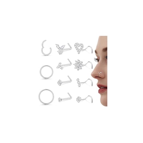 Milacolato 10Stück Nasenpiercing Silber Chirurgenstahl 20G Nasenpiercing Stecker 6/8/10MM Nasenpiercing Ring CZ L Form Nasenstecker und Nostril Piercing Ring Set, Nasenpiercing Schmuck Damen von Milacolato