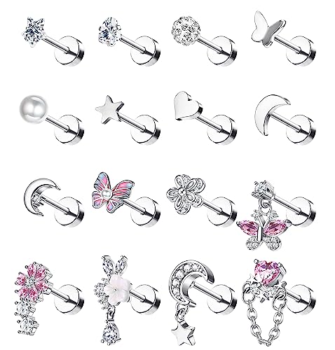 Milacolato 12/16PCS 16G Knorpel Tragus Ohrstecker für Damen Herren 316L Edelstahl mit Innengewinde CZ Herz Helix Cartilage Piercing Lippe Nase Labret Ohrstecker Flach Zurück Ohrring Piercing Schmuck von Milacolato