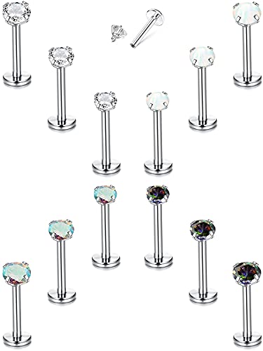 Milacolato 12Pcs 16G Helix Tragus Ohrstecker für Damen 316L Edelstahl Labret Lippen Stud Innengewinde Knorpel Gepflastert Klar CZ Opal Flache Rückseite Ohrringe Monroe Piercing Schmuck Set S6mm von Milacolato
