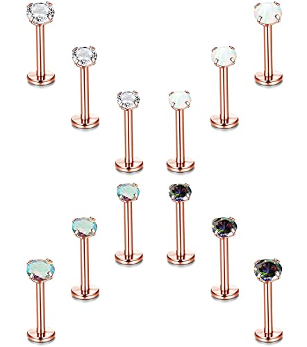 Milacolato 12Pcs 16G Helix Tragus Ohrstecker für Damen 316L Edelstahl Labret Lippen Stud Innengewinde Knorpel Gepflastert Klar CZ Opal Flache Rückseite Ohrringe Monroe Piercing Schmuck Set RG6mm von Milacolato