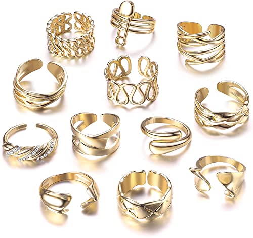 Milacolato 12Pcs Ring Damen Set Verstellbar Offener Chunky Rings Vergoldete Dome Geflochtene Twisted Siegel Ringe Einstellbare Minimalistische Statement Stapelbare Knöchel Ringe Set Mädchen von Milacolato