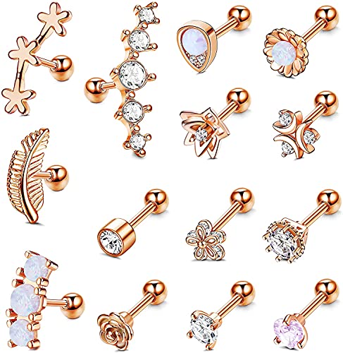 Milacolato 14PCS 16G Edelstahl Piercings Ohr Stecker Helix Knorpel Ohrstecker für Damen Männer CZ Blatt Blume Teardrop Opal Vorwärts Helix Tragus Daith Conch Piercing Schmuck von Milacolato