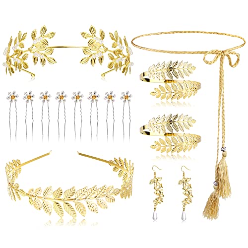 Milacolato 14Pcs Griechische Göttin Kostüm Für Damen Goldenes Lorbeerblatt Krone Tiara Oberarm Spiralarmband Haarschmuck Ohrringe Toga Taillengürtel Zubehör Schmuckset Party Hochzeit Halloween 14A von Milacolato