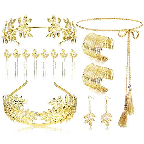 Milacolato 14Pcs Griechische Göttin Kostüm Für Damen Goldenes Lorbeerblatt Krone Tiara Oberarm Spiralarmband Haarschmuck Ohrringe Toga Taillengürtel Zubehör Schmuckset Party Hochzeit Halloween 14B von Milacolato