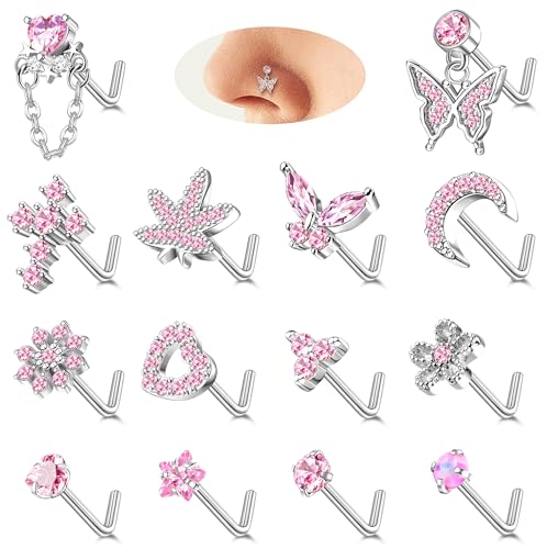Milacolato 14Stück 20G Nasenpiercing Stecker für Damen Anhänger 14K Gold Silber Edelstahl Nasenstecker L S form Korkenzieher Piercing Herz Mond Nase Nose Stud Nostril Piercing für Damen LS von Milacolato