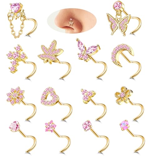 Milacolato 14Stück 20G Nasenpiercing Stecker für Damen Anhänger 14K Gold Silber Edelstahl Nasenstecker L S form Korkenzieher Piercing Herz Mond Nase Nose Stud Nostril Piercing für Damen SG von Milacolato