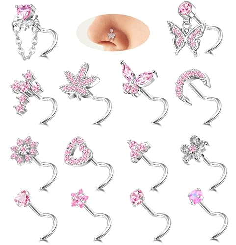 Milacolato 14Stück 20G Nasenpiercing Stecker für Damen Anhänger 14K Gold Silber Edelstahl Nasenstecker L S form Korkenzieher Piercing Herz Mond Nase Nose Stud Nostril Piercing für Damen SS von Milacolato