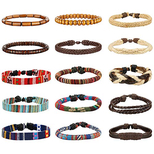 Milacolato 15pcs Männer Frauen Leinen Hanf Cords Holzperlen Ethnische Tribal Armbänder Leder Armbänder von Milacolato