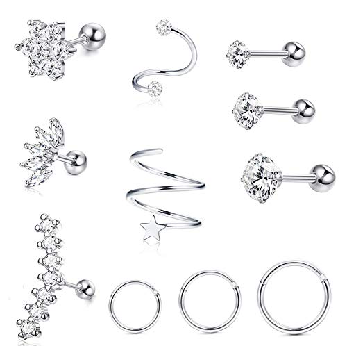 Milacolato 16-18G 11 Stücke Edelstahl Piercing Ohr Set Ohrringe Creolen Damen Helix Conch Piercings Ring CZ Tragus Stecker Ohrknorpel Piercing Schmuck Silber von Milacolato