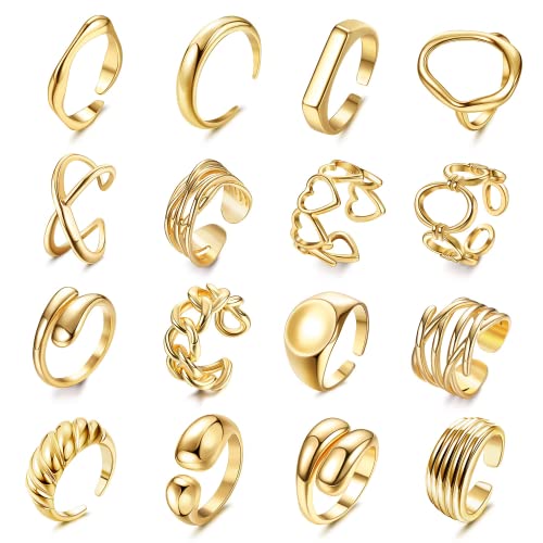 Milacolato 16Pcs Gold Chunky Dome Ring Set für Frauen Mädchen 18K Gold überzogene geflochtene verdrehte runde Signet Link Ringe offene Band Ringe Größe 5-9 Gold von Milacolato