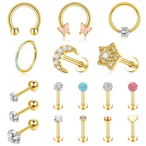 Milacolato 17Pcs Helix Piercings Knorpel Ohrringe Ohrstecker Für Frauen Piercing CZ Opal Edelstahl 16G Labret Flach Zurück Ohr Daith Tragus Helix Piercing Set Für Damen Gold von Milacolato