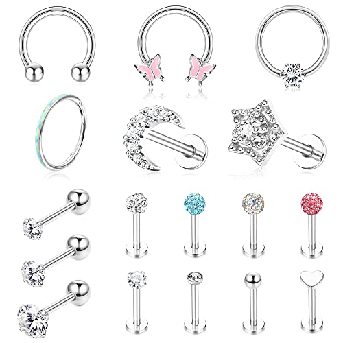 Milacolato 17Pcs Helix Piercings Knorpel Ohrringe Ohrstecker Für Frauen Piercing CZ Opal Edelstahl 16G Labret Flach Zurück Ohr Daith Tragus Helix Piercing Set Für Damen Silber von Milacolato