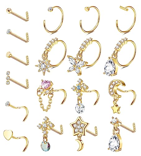 Milacolato 18Pcs 20G Nasenpiercing Ring Stecker Für Damen Männer Edelstahl Nasenstecker CZ Runde Star Nasenring L Form Blume Open Hoop 8mm Silber Nostril Conch Cartilage Daith Piercing Gold von Milacolato