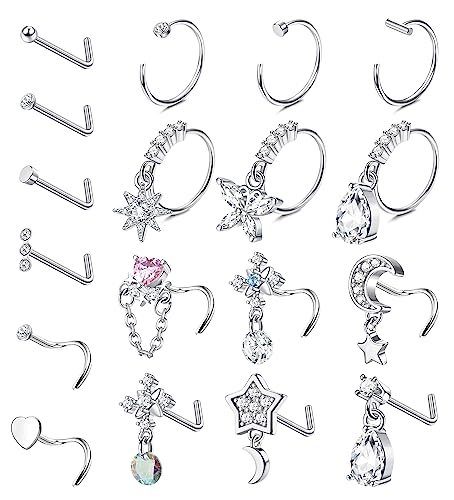 Milacolato 18Pcs 20G Nasenpiercing Ring Stecker Für Damen Männer Edelstahl Nasenstecker CZ Runde Star Nasenring L Form Blume Open Hoop 8mm Silber Nostril Conch Cartilage Daith Piercing Silber von Milacolato