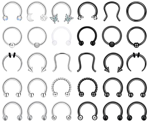 Milacolato 16G Septum Ring Nasenpiercing Edelstahl Septum Piercing Schmuck, Schwarz Silber Hufeisen Nasenring 10mm, Helix Daith Knorpel Ohrringe Smiley Nostril Piercing Schmuck für Damen Herren 30St von Milacolato